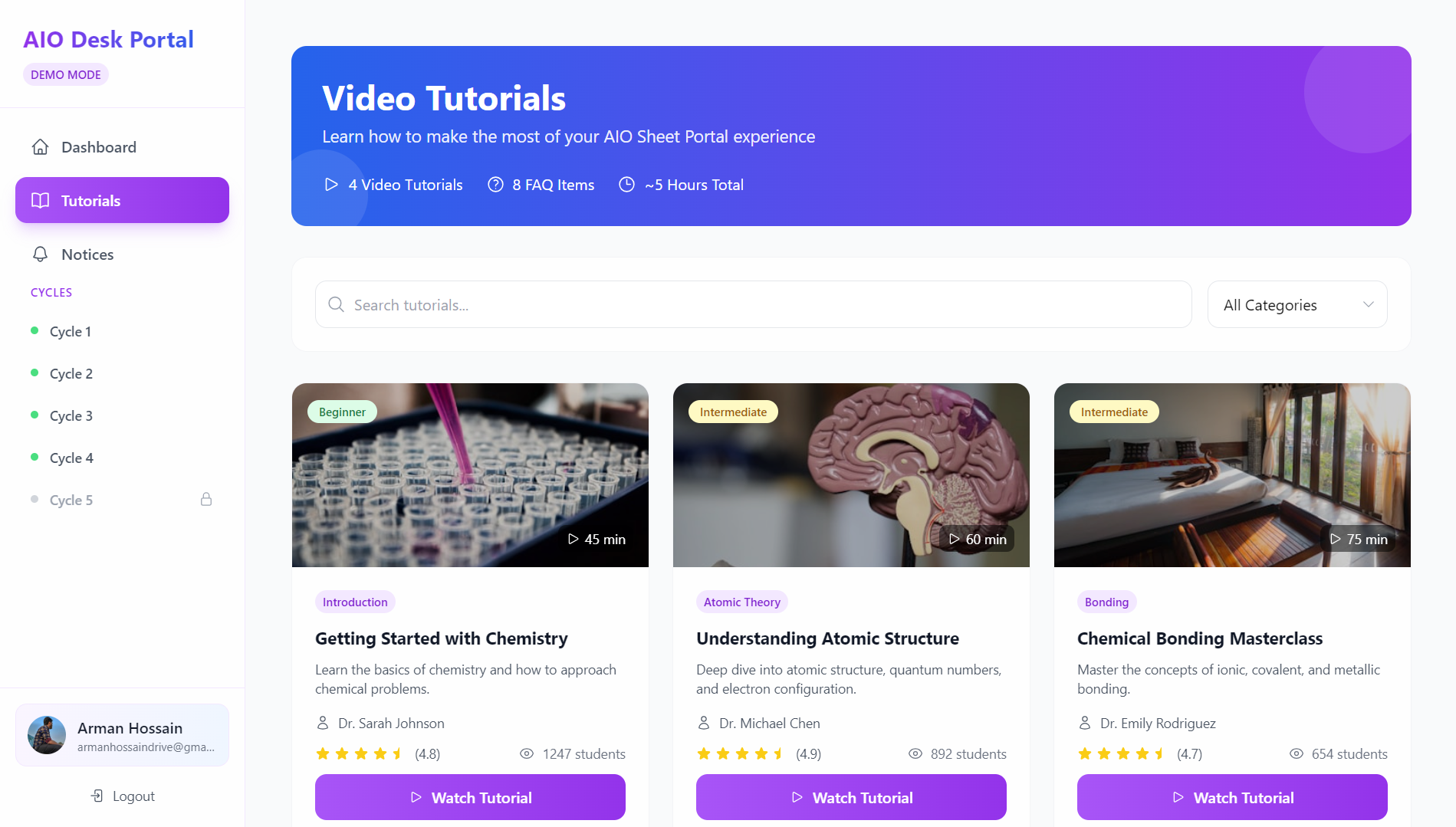 Tutorials Page Screenshot
